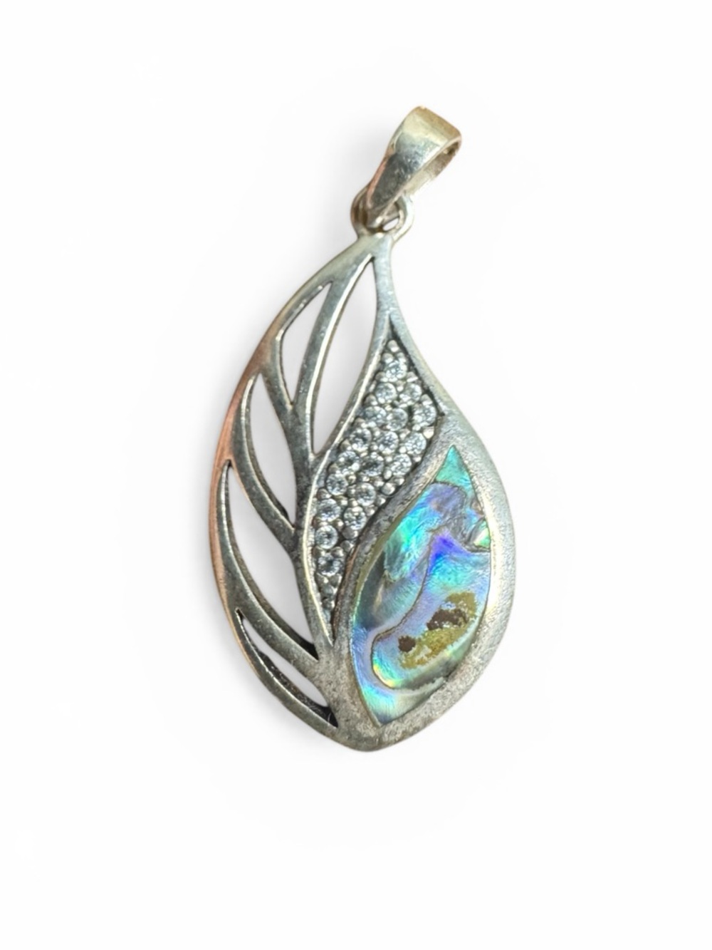 Sterling Silver Abalone Teardrop Pendant Crystal Accents - Iridescent Blue-Green